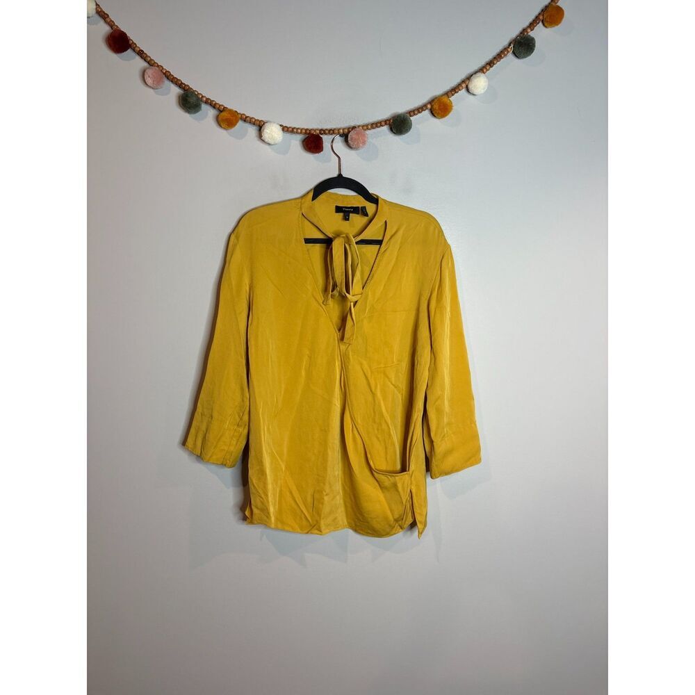 Theory mustard yellow silk tie blouse